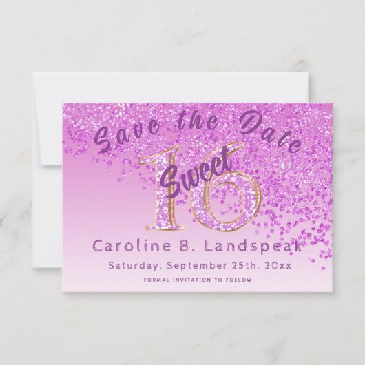 Sweet 16 Roze Glitter Stijlvol Glitter Number 16 Save The Date (Voorkant)