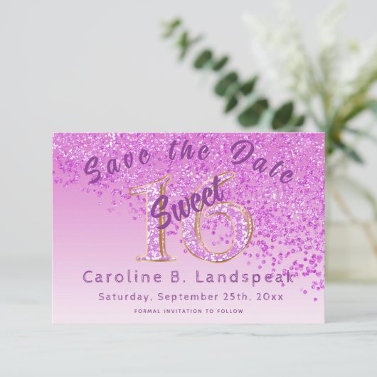 Sweet 16 Roze Glitter Stijlvol Glitter Number 16 Save The Date (Staand voorkant)