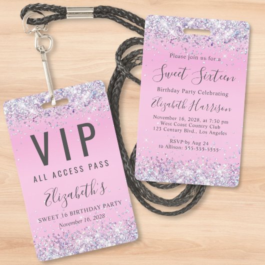 Sweet 16 Roze Glitter VIP-pas Birthday Party Badge