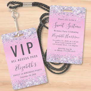 Sweet 16 Roze Glitter VIP Pas Verjaardagsfeestje Badge
