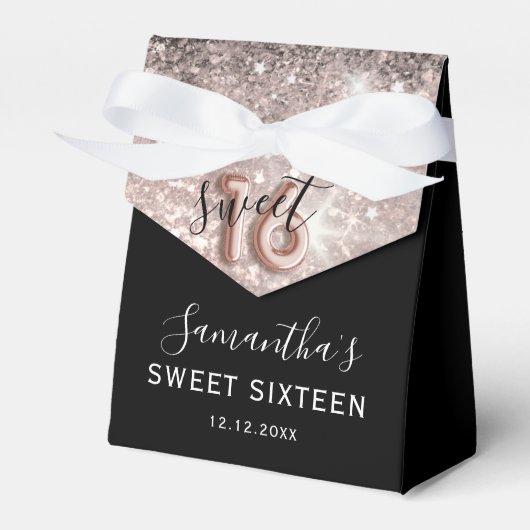 Sweet 16 Roze Glitter & Zwarte Verjaardag Bedankdoosjes (Voorkant Zijde)