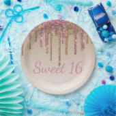 Sweet 16 roze Gold Glitter Drip Script Ombré Papieren Bordje (Feest)
