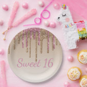 Sweet 16 roze Gold Glitter Drip Script Ombré Papieren Bordje (Feest)