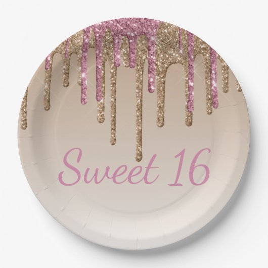 Sweet 16 roze Gold Glitter Drip Script Ombré Papieren Bordje (Voorkant)