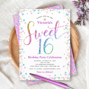 Sweet 16 Roze Goud Blauwe Glitter Stippen Verjaard Kaart