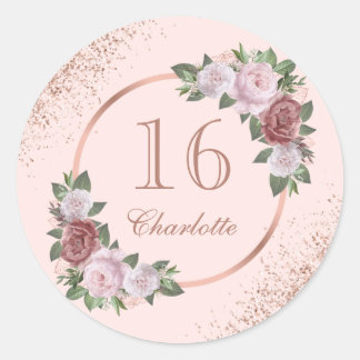Sweet 16 Roze Goud Blush Roze Bloemige Verjaardag Ronde Sticker