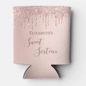 Sweet 16 roze goud glinsterende druppels naam blikjeskoeler (Voorkant)