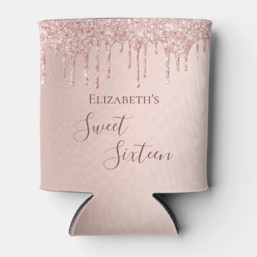Sweet 16 roze goud glinsterende druppels naam blikjeskoeler (Voorkant)