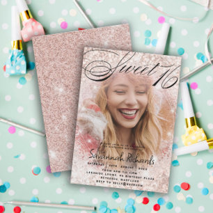 Sweet 16 Roze Goud Glitter Foto Feest Kaart
