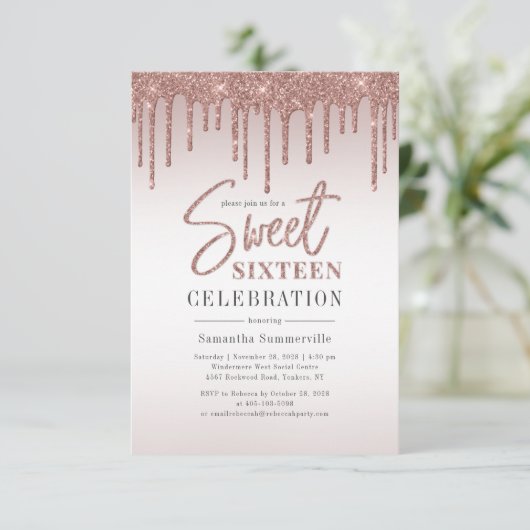 Sweet 16 Roze Goud Glitter Script Verjaardagsfeest Kaart (Staand voorkant)