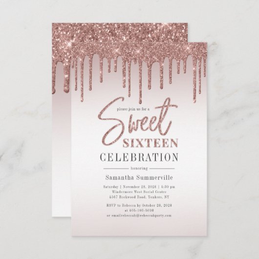 Sweet 16 Roze Goud Glitter Script Verjaardagsfeest Kaart (Voorkant / Achterkant)
