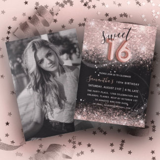 Sweet 16 Roze Goud Glitter & Zwarte Feest Kaart