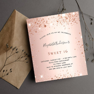 Sweet 16 roze gouden feestbudget uitnodiging flyer