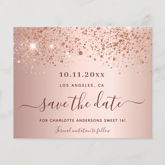 Sweet 16 roze gouden glitter budget Save the Date Flyer (Voorkant)