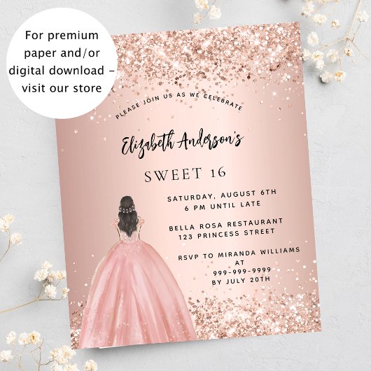 Sweet 16 roze gouden glitter jurk budget uitnodigi