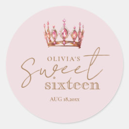 Sweet 16 Roze & Gouden Kroon Verjaardag Ronde Sticker