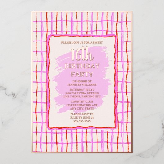 Sweet 16 Roze Hand getrokken Verjaardag Folie Uitn Folie Uitnodiging (Voorkant)