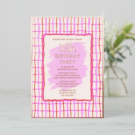 Sweet 16 Roze Hand getrokken Verjaardag Folie Uitn Folie Uitnodiging (Staand Voorkant)