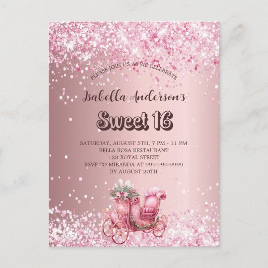 Sweet 16 roze koets elegant uitnodiging briefkaart (Voorkant)