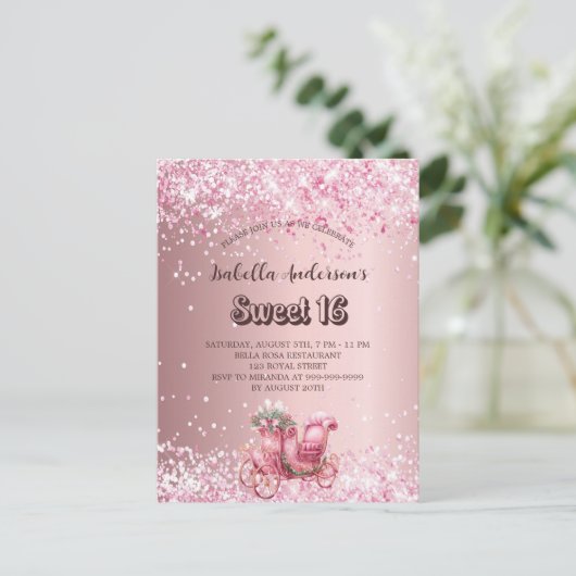 Sweet 16 roze koets elegant uitnodiging briefkaart (Staand voorkant)