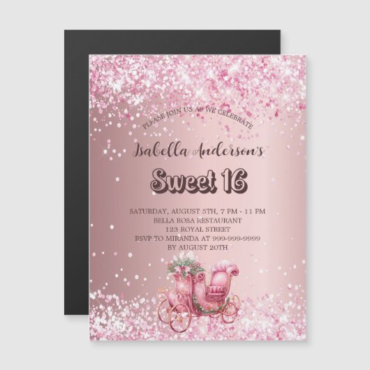 Sweet 16 roze koets luxe magnetische uitnodiging (Voorkant / Achterkant)