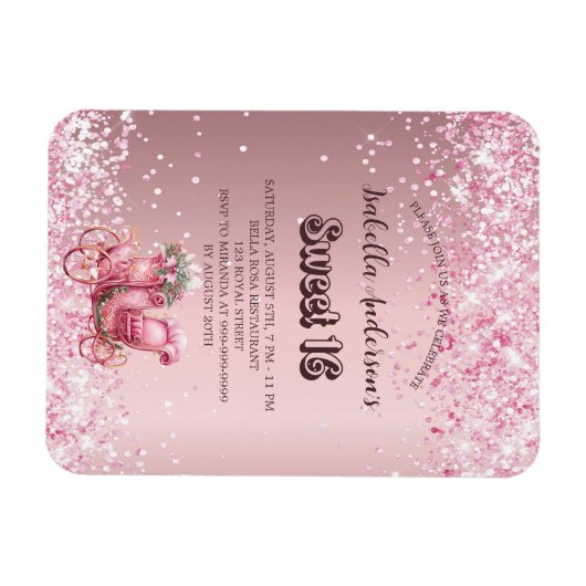 Sweet 16 roze koets luxe uitnodiging magneet (Horizontaal)