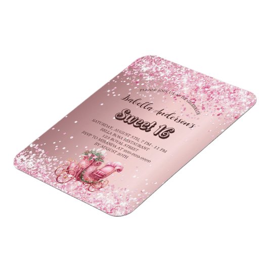 Sweet 16 roze koets luxe uitnodiging magneet (Linkerzijde)