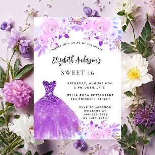 Sweet 16 roze paarse bloemen jurk kaart