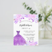 Sweet 16 roze paarse bloemen jurk uitnodiging (Staand voorkant)