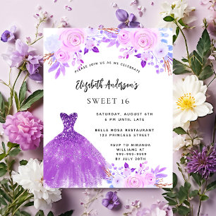 Sweet 16 roze paarse bloemen jurk uitnodiging