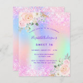 Sweet 16 roze paarse Floral invitasjon (Voorkant / Achterkant)