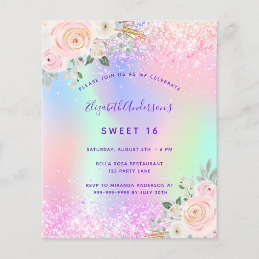 Sweet 16 roze paarse glitter floral budget flyer (Voorkant)