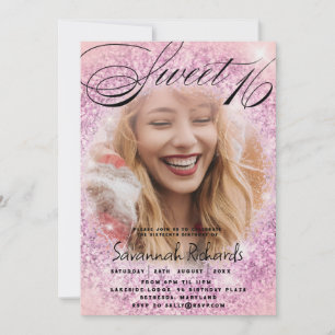 Sweet 16 Roze & Paarse Glitter Foto Feest Kaart