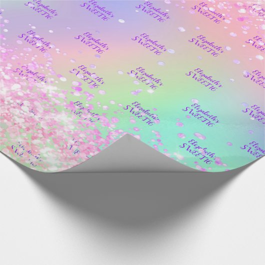 Sweet 16 roze paarse holografische kleur cadeaupapier (Hoek)