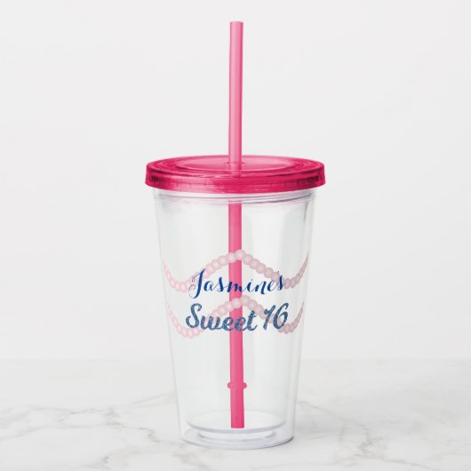 Sweet 16 Roze Parel Glitter Feest Acryl Drinkbeker (Voorkant)