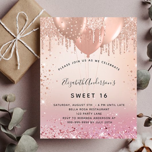 Sweet 16 roze roosgoud budget uitnodiging flyer