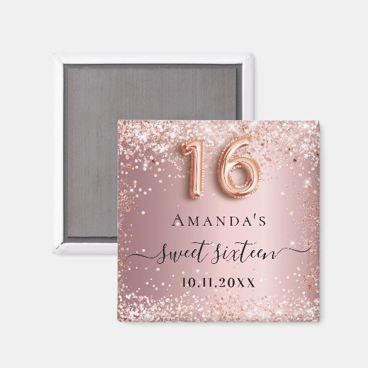 Sweet 16 roze roosgoud glinsterstof naam magneet (Voorkant / Achterkant)