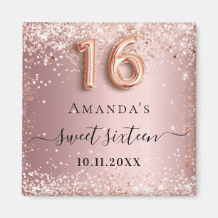 Sweet 16 roze roosgoud glinsterstof naam magneet