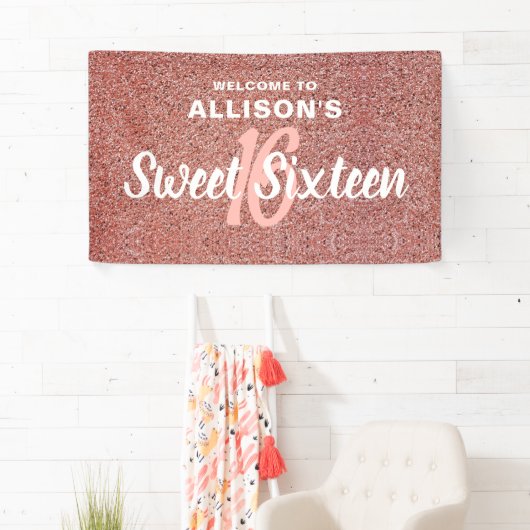 Sweet 16 Roze Rose Goud Glitter Verjaardagsnaam Spandoek (Insitu)