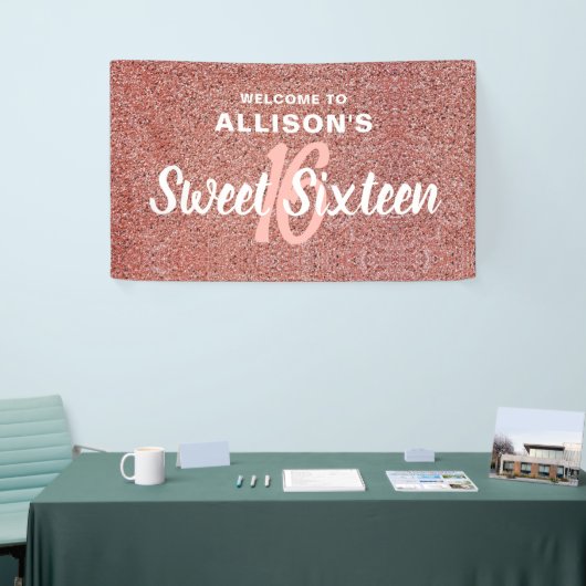 Sweet 16 Roze Rose Goud Glitter Verjaardagsnaam Spandoek (Beurs)