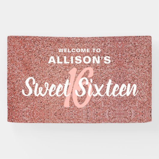 Sweet 16 Roze Rose Goud Glitter Verjaardagsnaam Spandoek (Horizontaal)