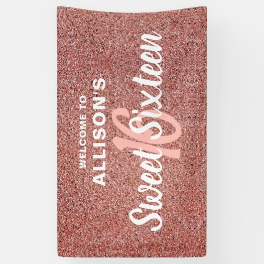 Sweet 16 Roze Rose Goud Glitter Verjaardagsnaam Spandoek (Verticaal)