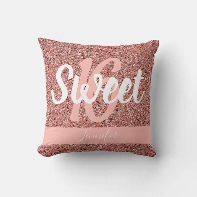 Sweet 16 Roze Rose Goud Roze Glitter Gepersonalise Kussen (Voorkant)