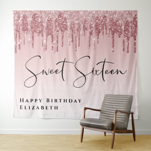 Sweet 16 Roze Roze Goud Glitter Verjaardagsfeestje Wandkleed (In Situ (horizontaal))