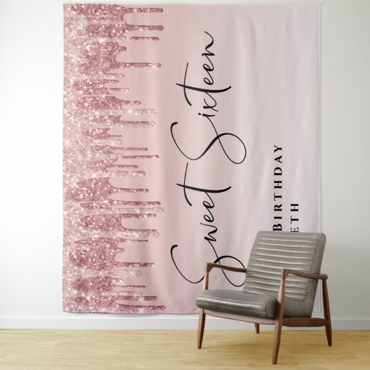Sweet 16 Roze Roze Goud Glitter Verjaardagsfeestje Wandkleed (In situ)