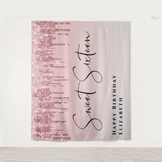 Sweet 16 Roze Roze Goud Glitter Verjaardagsfeestje Wandkleed (Voorkant)