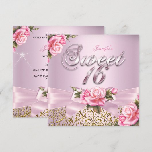 Sweet 16  roze roze roodroos Birthday Party Kaart (Voorkant / Achterkant)
