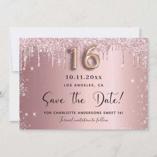 Sweet 16 roze roze zilveren glitters save the date (Voorkant)