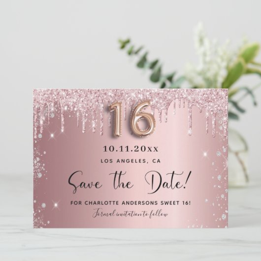 Sweet 16 roze roze zilveren glitters save the date (Staand voorkant)