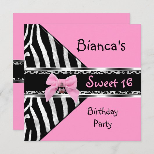 Sweet 16 Roze Silver Black Zebra Leopard Birthday Kaart (Voorkant / Achterkant)